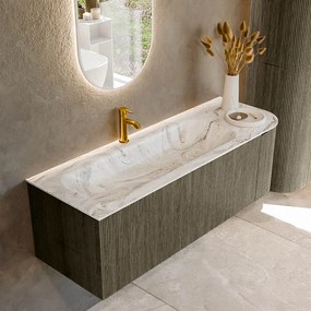 Mondiaz Kurve-dlux 135cm badmeubel ronding rechts shadow met 1 lade en deur en wastafel big medium kraangat links glace