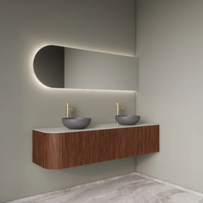 Gliss Design Alluro badmeubel ribbelfront met ronding links 160cm walnut en wit marmer toppaneel