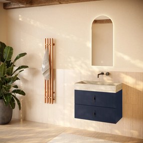 Muebles Murcia badmeubel ribbelfront 80cm marine blauw met White Travertin wastafel zonder kraangat