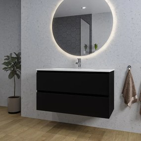 Adema Chaci Badkamermeubelset - 100x46x57cm - 1 ovale keramische wasbak wit - 1 kraangat - 2 lades - ronde spiegel met verlichting - mat zwart SW1212776/SW718718/SW161922