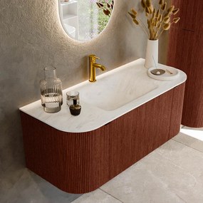Mondiaz Kurve-dlux 110cm badmeubel ronding links/rechts ruby met 1 lade en 2 deuren en wastafel cloud midden 1 kraangat opalo