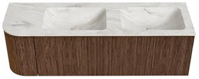 Mondiaz Kurve-dlux 145cm badmeubel ronding links walnut met 1 lade en deur en wastafel leaf dubbel/rechts zonder kraangat ostra