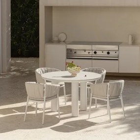 Ronde Tafelset Ø120 Cm In Keramiek En Aluminium Arken En 4 Tuinstoelen Met Armleuningen In Aluminium En Stof Roderise Stof Zandbruin - Sklum