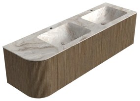 Mondiaz Kurve-dlux 155cm badmeubel ronding links dusk met 2 lades en 1 deur en wastafel leaf dubbel/rechts 2 kraangaten frappe