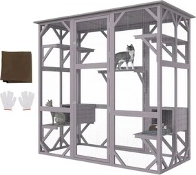 VEVOR Cat Cage Condo Catio Houten Kattenverblijf met 5 Platforms, 7-laags Speelpen voor Huisdieren met 2 Rustbakken, Kattenkooi met Waterdicht Dak, 180 cm L x 88 cm B x 168 cm H