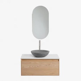 Tedrik Zwevend Badkamermeubelset 80x50 Cm In Essenhout Ash Brown & Rond Grijs Cement Ø40 Cm Tarsis & Ovaal Met Opbergruimte 45x90 Cm Abner - Sklum