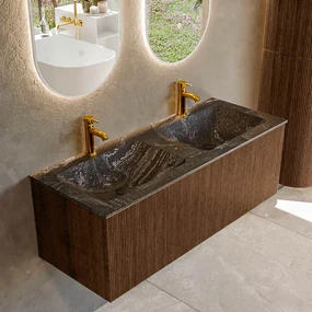 Mondiaz Kurve-dlux 120cm badmeubel walnut met 1 lade en wastafel leaf dubbel 2 kraangaten lava