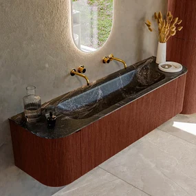 Mondiaz Kurve-dlux 170cm badmeubel ronding links/rechts ruby met 1 lade en 2 deuren en wastafel big large midden zonder kraangat lava