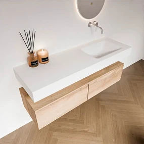 Zaro Alan badmeubel 140cm washed oak 2 lades met vrijhangende wastafel cloud rechts zonder kraangat talc