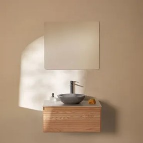 Tedrik Zwevend Badkamermeubelset Van Essenhout Ash Brown & Rond Grijs Cement Ø40 Cm Tarsis & Rechthoekige Led En Anticondens 80x70 Cm - Sklum