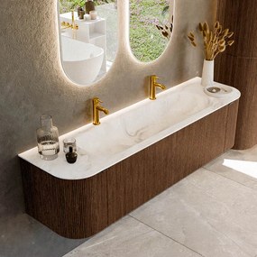 Mondiaz Kurve-dlux 170cm badmeubel ronding links/rechts walnut met 1 lade en 2 deuren en wastafel big large midden 2 kraangaten frappe