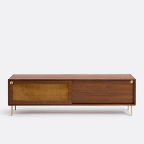 Tv-meubel in walnootfineer en rotanriet, lengte 180 cm, REDPOP