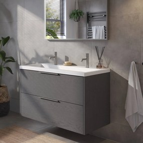 Saqu Lima badmeubel incl. mat witte wastafel met 2 kraangaten 100x52x64cm gebrand zwart – rvs greep