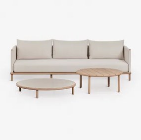 Woonkamer Set Met 3-zitsbank En 2 Ronde Salontafels Van Acaciahout Olivia Lichte Acaciekleur & Wit Gardenia - Lichtbruin Acacia - Sklum