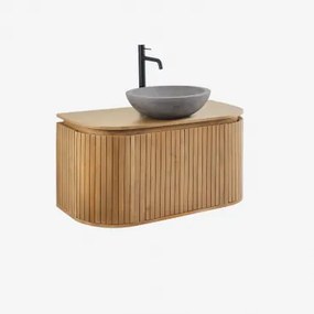 Conjunto Vaniteitmeubel 90x40 Cm Zwevend In Mangohout Analis Mangohout & Rond Grijs Cement Ø40 Cm Tarsis & Spiegelloze & Mat Zwart ↑30 Cm Met Afvoerkr