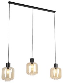 Design hanglamp zwart met amber glas 3-lichts 161,5 cm - Qara