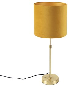 Stoffen Tafellamp goud/messing met velours kap geel 25 cm - Parte Landelijk / Rustiek E27 cilinder / rond rond Binnenverlichting Lamp