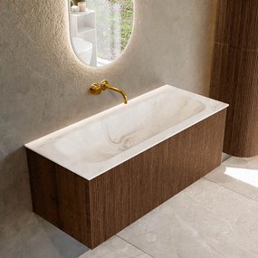Mondiaz Kurve-dlux 110cm badmeubel walnut met 1 lade en wastafel big medium midden zonder kraangat frappe