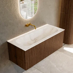 Mondiaz Kurve-dlux 110cm badmeubel walnut met 1 lade en wastafel big medium midden zonder kraangat frappe