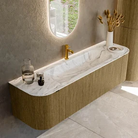 Mondiaz Kurve-dlux 160cm badmeubel ronding links/rechts dusk met 1 lade en 2 deuren en wastafel big medium midden 1 kraangat glace