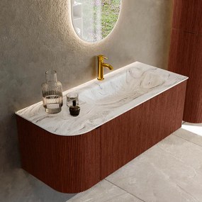 Mondiaz Kurve-dlux 115cm badmeubel ronding links ruby met 1 lade en deur en wastafel big small kraangat rechts glace