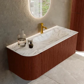 Mondiaz Kurve-dlux 115cm badmeubel ronding links ruby met 1 lade en deur en wastafel big small kraangat rechts glace