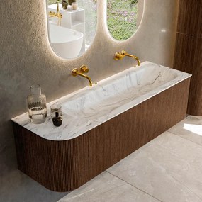 Mondiaz Kurve-dlux 145cm badmeubel ronding links walnut met 1 lade en deur en wastafel big large rechts zonder kraangat glace