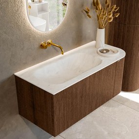 Mondiaz Kurve-dlux 105cm badmeubel ronding rechts walnut met 1 lade en deur en wastafel big small links zonder kraangat opalo