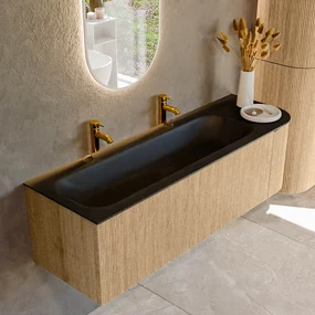 Mondiaz Kurve 145cm badmeubel ronding rechts oak met 1 lade en deur en wastafel big large links 2 kraangaten urban