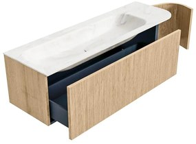Mondiaz Kurve-dlux 145cm badmeubel ronding rechts oak met 1 lade en deur en wastafel big large links zonder kraangat ostra
