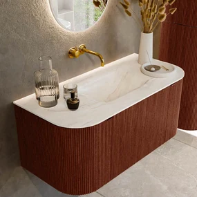 Mondiaz Kurve-dlux 100cm badmeubel ronding links/rechts ruby met 1 lade en 2 deuren en wastafel grunne midden zonder kraangat ostra