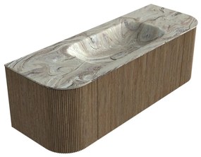 Mondiaz Kurve-dlux 130cm badmeubel ronding links/rechts dusk met 1 lade en 2 deuren en wastafel big small midden zonder kraangat glace