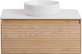 Tedrik Zwevend Badkamermeubelset 80x50 Cm In Essenhout Ash Brown & Rond Keramiek Wit Ø40 Cm Lenka & Spiegelloze & Zonder Kraan - Sklum