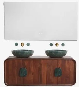 Dubbel Zwevend Badkamermeubelset 130x45 Cm Van Mangohout En Natuurlijke Kivalina-steen Rectangular Led And Antifog 140x75 Cm Riben & Groen Marmer Uit