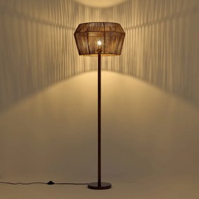 Vloerlamp walnoot hout met bruine papieren touw kap 50/50/30 - Mels
