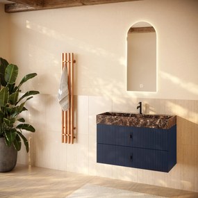 Muebles Murcia badmeubel ribbelfront 100cm marine blauw met Dark Emperador wastafel met kraangat