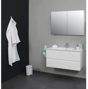 Basic Line Bella Badkamermeubelset - 100x55x46cm - 1 wasbak - Keramiek - Wit - 1 kraangat - Spiegelkast zonder verlichting - Melamine Wit hoogglans SWGA100HWP1SPK