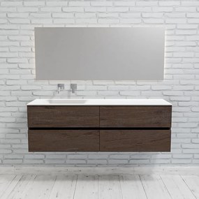 Zaro Valencia Solid Surface badmeubel 150cm donker eiken zonder kraangat spoelbak links met 4 lades