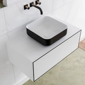 Zaro Lagom volledig naadloos solid surface onderkast met topblad 80cm mat zwart met 1 lades Push tot open. Compleet met solid surface opzetkom met 0 kraangat(en)