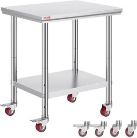 VEVOR Werktafel 76 x 60 x 85 cm RVS Catering Werktafel Draagvermogen 317 kg, Voedselbereidingstafel met wieltjes Commerciële keukentafel voor keukenbar Rolbaar