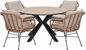 Garden Impressions Lucas tuinset bruin 5-delig - Tulli tuintafel light teak look Ø122 cm