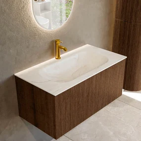 Mondiaz Kurve-dlux 90cm badmeubel walnut met 1 lade en wastafel big small midden 1 kraangat ostra