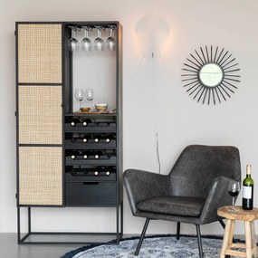 Hoge Wijnkast Zwart Met Rotan - 80x38x175cm.
