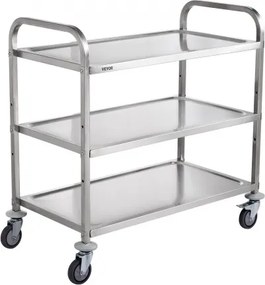VEVOR Keukentrolley, 3 lagen, laboratoriumtrolley met een draagvermogen van 100 kg, roestvrijstalen serveertrolley, opruimtrolley, transporttrolley, rolbare opbergtrolley met 6 haken, voor binnen- en buitengebruik, zilverkleurig