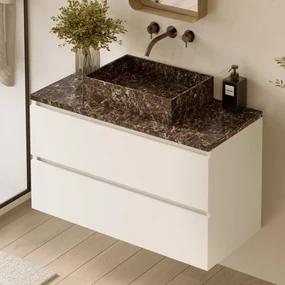 Fontana Dark Emperador badmeubel 100cm mat wit met rechthoekige waskom en toppaneel