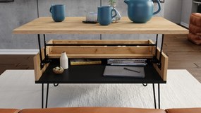 HAIRPIN S-90 EIK Ambachtelijk Goud/Zwart Mat - MODERNE KOFFIETAFEL MET OPKLAPBARE TAFEL + OPBERGVAK + PLANK