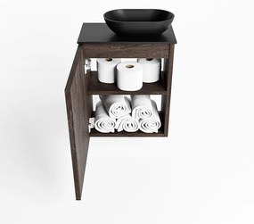 Mondiaz Fowy toiletmeubel 40cm dark brown met zwarte waskom rechts en kraangat