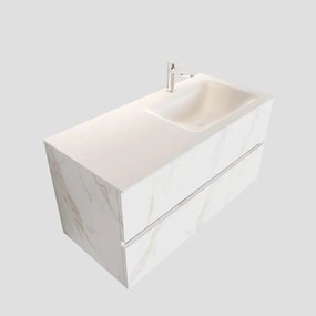 Zaro Valencia Solid Surface badmeubel 100cm wit marmer 1 kraangat spoelbak rechts met 2 lades