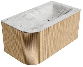 Mondiaz Kurve-dlux 85cm badmeubel ronding links oak met 1 lade en deur en wastafel cloud rechts zonder kraangat glace