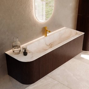 Mondiaz Kurve-dlux 145cm badmeubel ronding links ruby met 1 lade en deur en wastafel big large kraangat rechts frappe